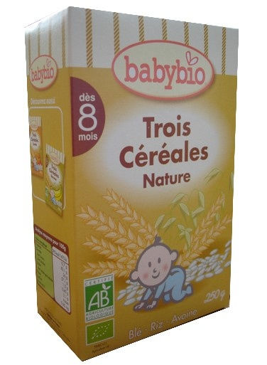 Babybio : Blé Riz Avoine Trois céréales nature ( dés 8 mois ) 250g 