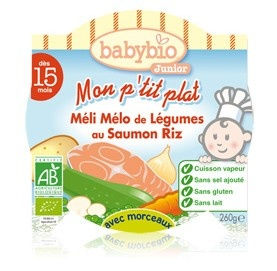 Babybio junior : Mon p'tit plat , Meli melo de légumes au saumon Riz ( dès 15 mois ) 260g