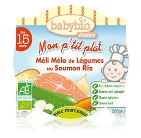 Babybio junior : Mon p'tit plat , Meli melo de légumes au saumon Riz ( dès 15 mois ) 260g Babybio junior : Mon p'tit plat , Meli melo de légumes au saumon Riz ( dès 15 mois ) 260g