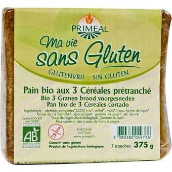 Ma vie sans gluten, Pain Bio, aux 3 céréales prétanché 7 tranches Ma vie sans gluten, Pain Bio, aux 3 céréales prétanché 7 tranches