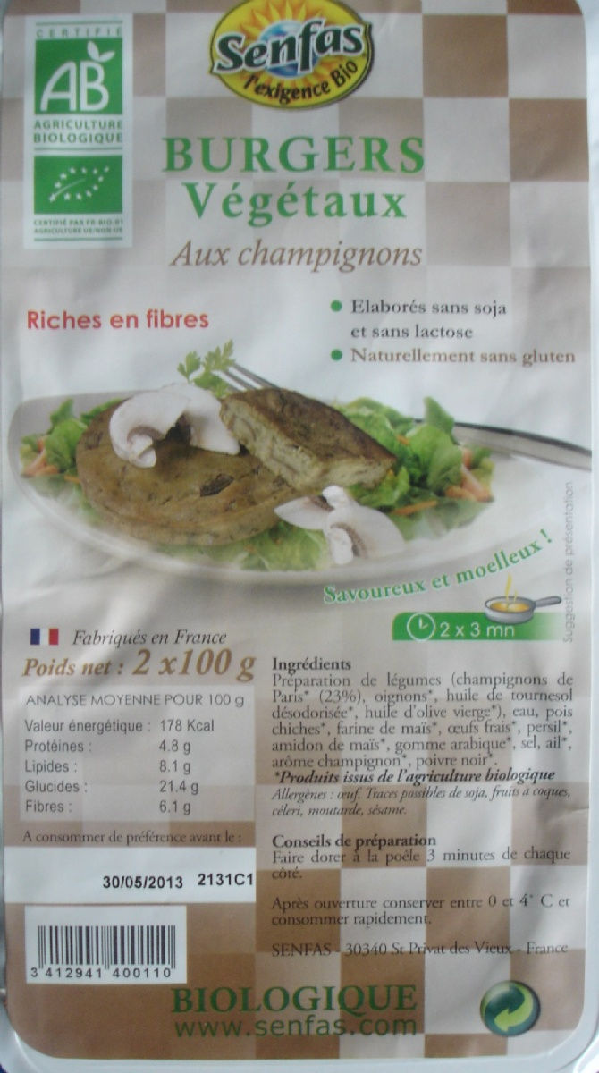 Burgers Végétaux aux champignons Sans Gluten 2X100G Burgers Végétaux aux champignons Sans Gluten 2X100G